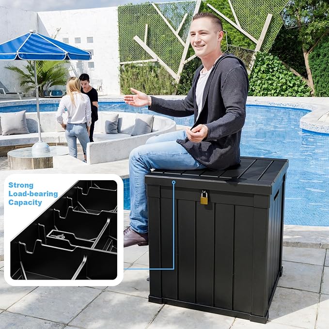 51 Gallon Resin Deck Box, Lockable Patio Outdoor Storage Box for Furniture, Garden Tools and Tools Storage, Waterproof Outside Storage Boxes - Black