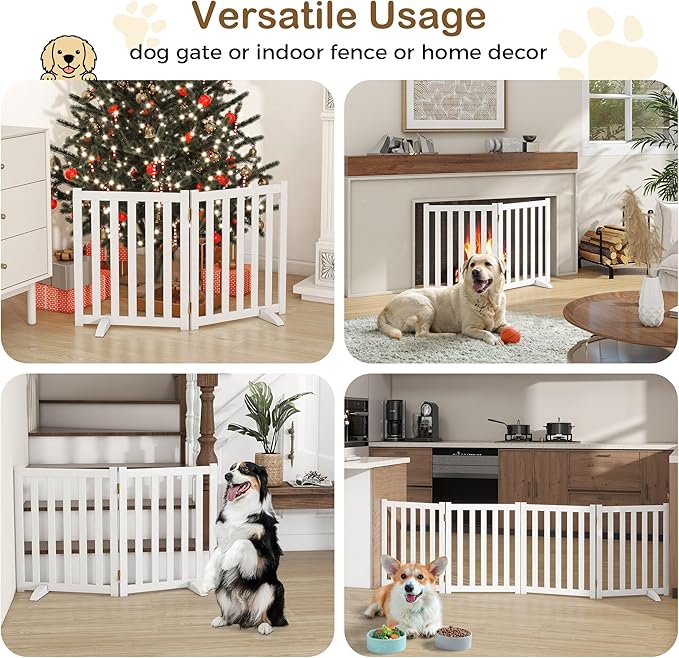 24" Height Tall Freestanding Pet Gate, Solid Wood Folding Safety Fence Wooden Dog Gate with 2 PCs Support Feet Ideal for Stairs, Doorways, Halls, Kitchens, Heavy Duty Gates, 2 Panels, White