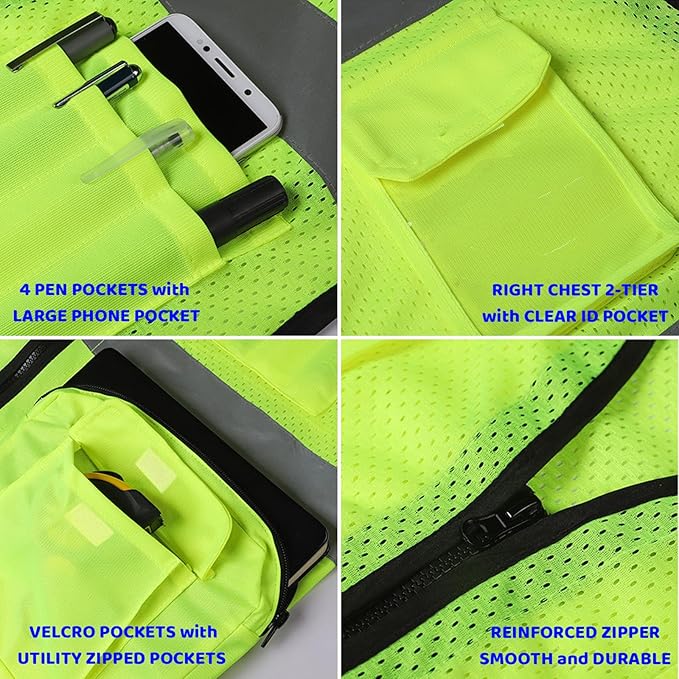BeautyWill Custom Logo 10 Pack Safety Vest Mesh High Visibility Reflective Vest Customized Logo Utility Zipped Pockets Construction Workwear (Yellow,L)