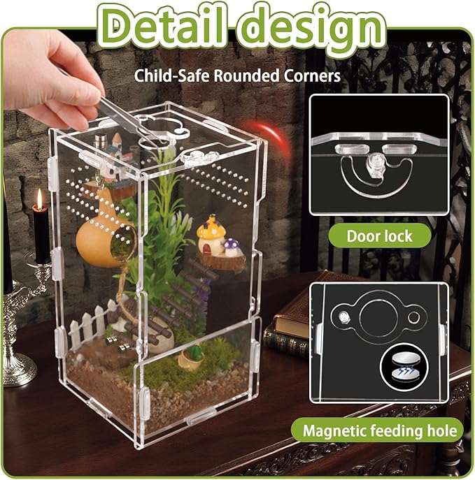 4x4x8 Inch Acrylic Reptile Terrarium,Front Opening Tarantula Enclosure with Swivel Lock & Magnetic Feeding Door,Small Spider Cage for Jumping Spider、Scorpion、Isopods、Snails