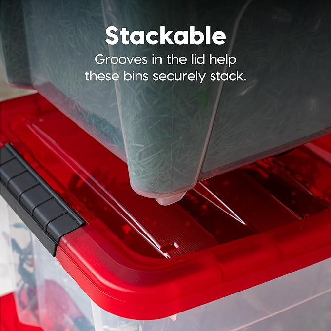 IRIS USA 19 Qt. Stackable Plastic Storage Bins with Lids, 4 Pack - BPA-Free, See-Through Organizing Solution, Latches, Durable Nestable Containers, Secure Pull Handle, Made in USA - Red