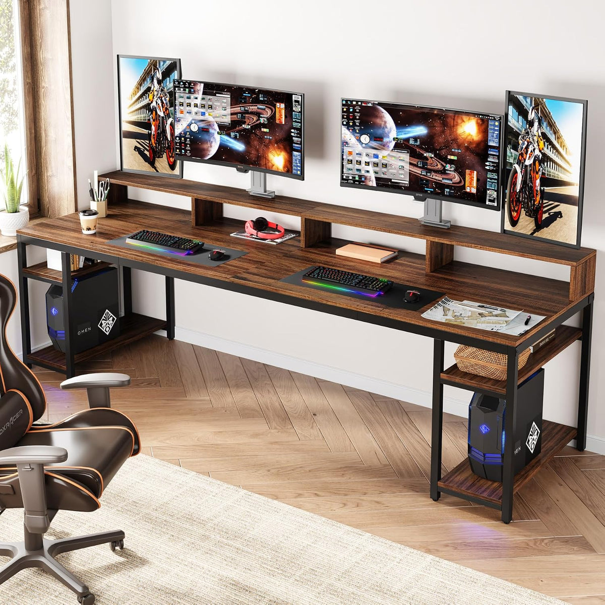 Tribesigns Two Person Desk with Monitor Stand, 78.74" Long Double Computer Office Desk with Storage Shelves, Large Gaming Study Writing Table Workstation for Home Office (Rustic Brown)