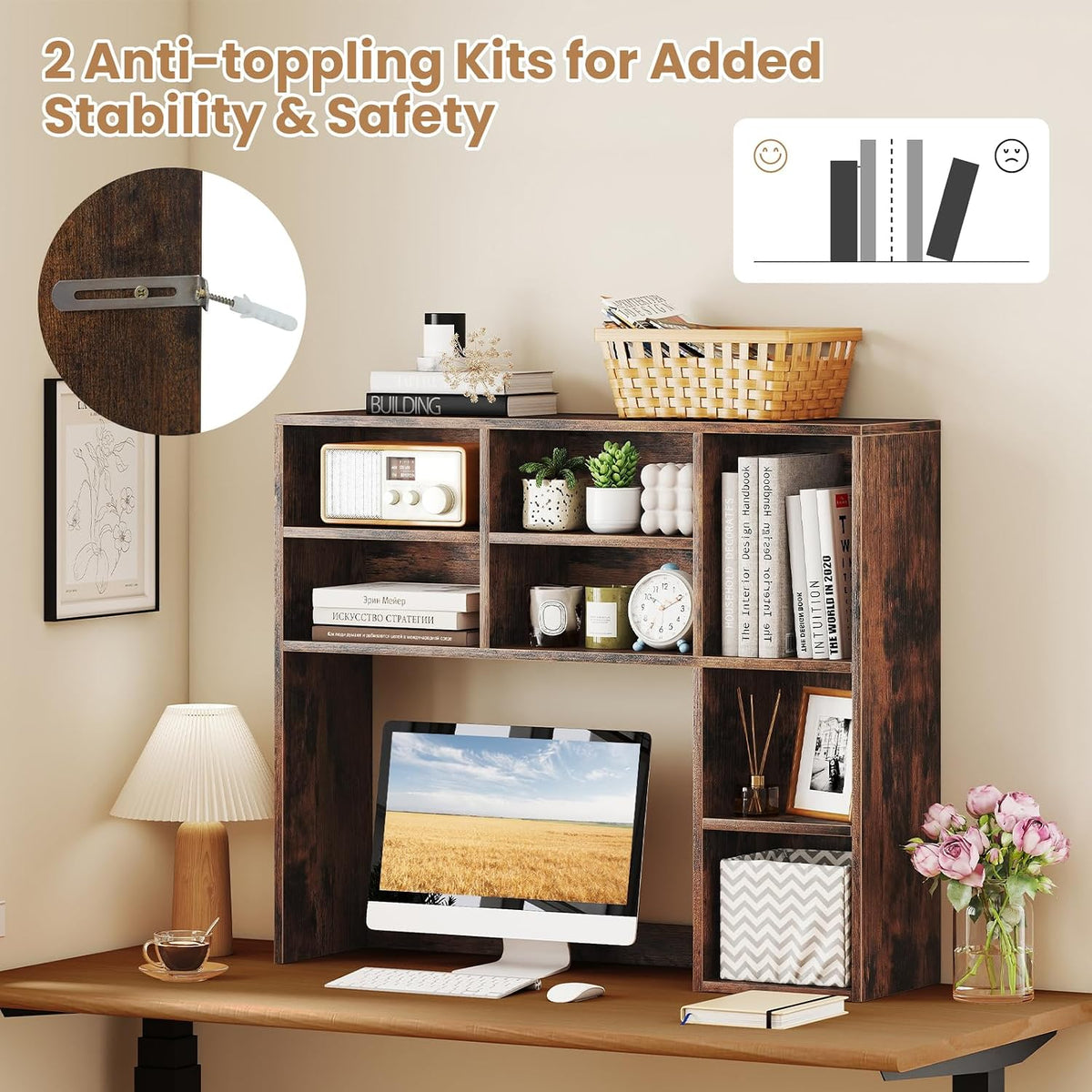 MAT EXPERT Wooden Desktop Bookshelf, Countertop Desk Hutch w/ 7 Cubes & Adjustable Shelves, Anti-toppling Kits, Table Top Organizer Shelf Fits Monitors up to 27” for Dorm, Office, Study (Rustic Brown)