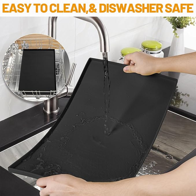 Hubulk Dog Feeding Mat,100% Waterproof Food Grade Silicone Pet Food and Water Bowl Placemat,Dishwasher, High Raised Edge to Prevent Spills,Nonslip Tray to Stop Messes on Floor(28"x18"x0.8", Black)