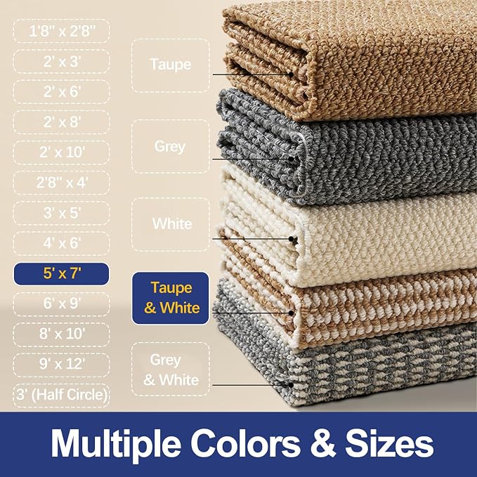 Faux Jute Area Rug 5'x7', Washable & Non-Slip, Taupe & White | 0.27" Low Pile