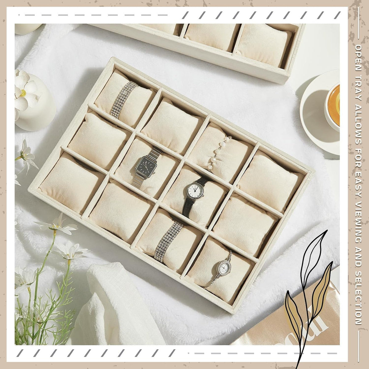 Henoyso 12 Grid 2 Pack Watch Organizer Drawer Bangle Tray Stackable Beige