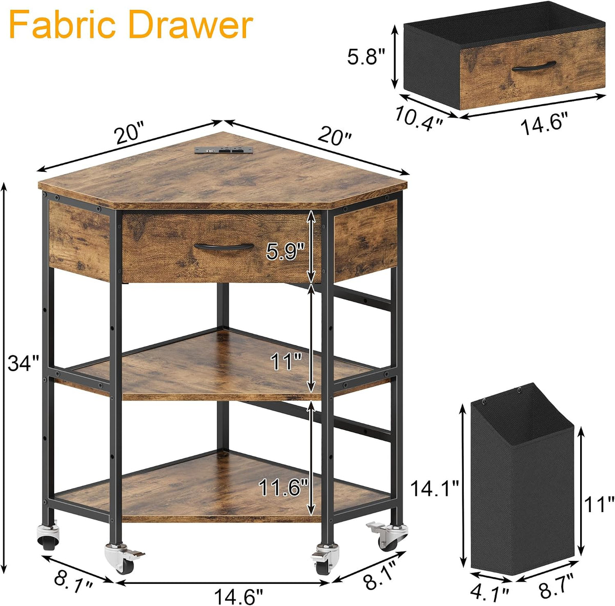 YAOHUOO Corner Printer Stand, Corner Table with Power Outlet/Fabric Drawer