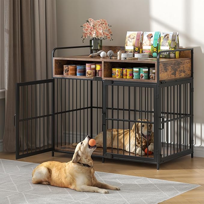 Large Furniture Dog Crate, Dog Kennel Indoor, Wood Dog Cage Table with Drawers Storage, Heavy Duty Dog Crate, Jaula para Perros, Sturdy Metal, 40.5" L×23.6" W×35.4" H, Rustic Brwon
