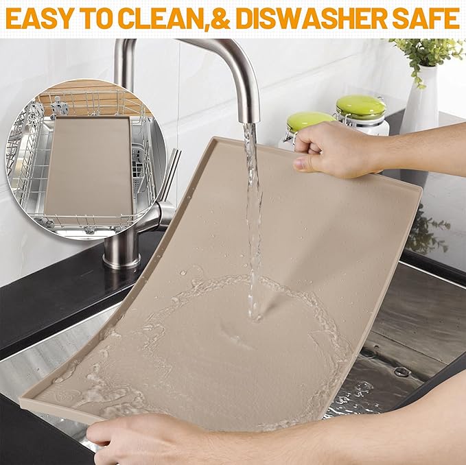 Hubulk Dog Feeding Mat,100% Waterproof Food Grade Silicone Pet Food and Water Bowl Placemat,Dishwasher, High Raised Edge to Prevent Spills,Nonslip Tray to Stop Messes on Floor(32"x24"x1.0", Taupe)