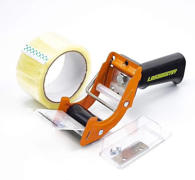 Rapid-Replace Packing Tape Dispenser Gun with Tape and Extra Blade, 2IN(50mm) Lightweight Ergonomic Industrial Handheld Tape Cutter for Carton, Packaging and Box Sealing (Orange)
