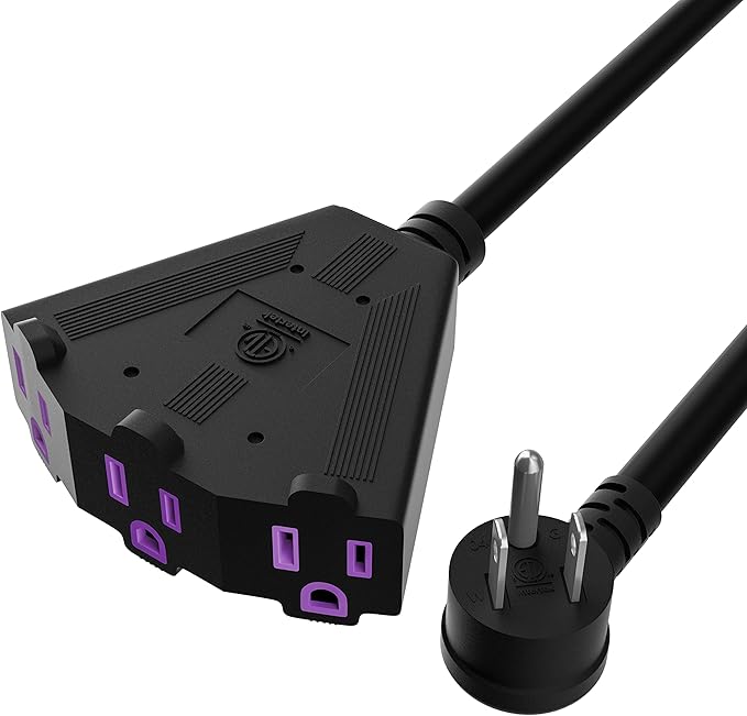 Outdoor Extension Cord 35 FT with 3 Outlets, 3 Prong 90 Degree Angled Plug, 12/3 Heavy Duty 12 Gauge Power Cable, 12AWG, SJTW, 15A, 125V, 1875W, ETL Listed, Black Wire, with Free Carrying Strap+Ties