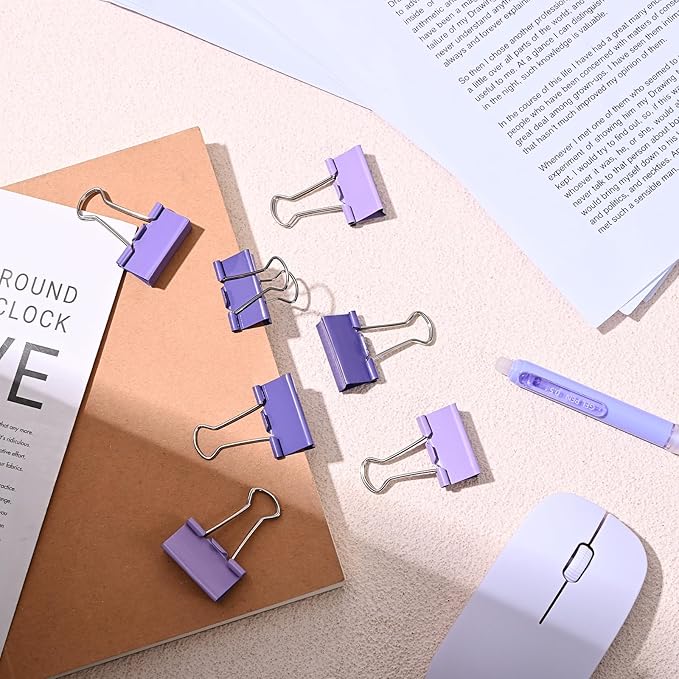 Temiary Aesthetic Binder Clips, 60 Pcs 0.6 Inches Small Metal Binder Clip with Clear Storage Container, Binding Paperwork Clamps for School Teachers Office Supplies (Purple)