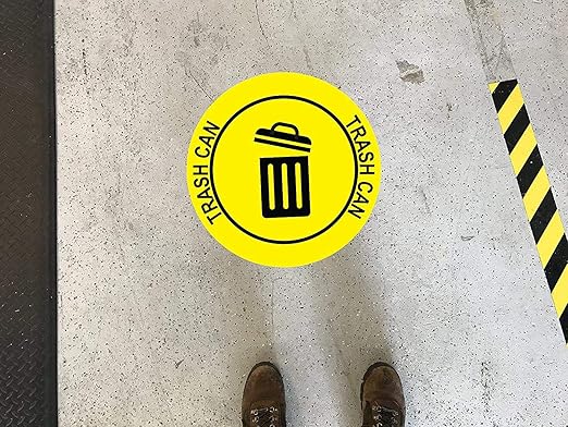 "Trash Can" Durable Laminated Vinyl Floor Sign- Sign by Graphical Warehouse- 5S Safety and Security Signage, Visual Communication Tool (12", Yellow/Black)