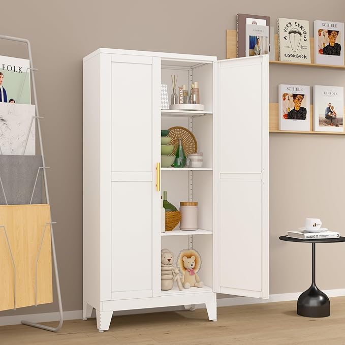 Metal Pantry Cabinet with 2 Doors and Adjustable Shelves, Kitchen Storage cabinets with Gold Handles, Versatile Storage for Laundry/Living Room,Bathroom,Dinning Room-White