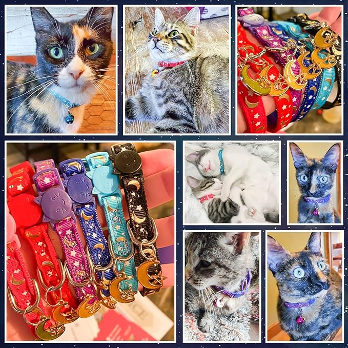 KOOLTAIL Cat Collar Breakaway with Bells - 6 Pack Glow in The Dark - Stars & Moon Charm Pendent Pet Reflective Collars Ideal for Kitten Cats Puppy