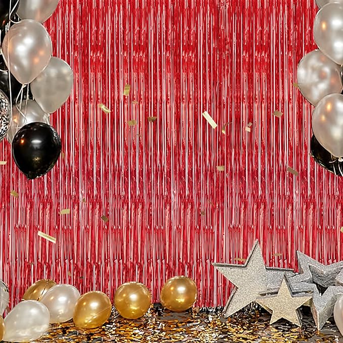 3 Pack Foil Fringe Backdrop - Red Shiny Tinsel Curtains for Party Decoration/Photo Booth Props - 3.3x8.2 FT Metallic Foil Backdrop for Birthday, Wedding, Graduation, Christmas.