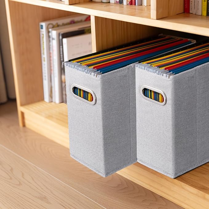 4 Packs Letter Size File Organizer, File Folders Organizer, Fabric Storage Box, Collapsible Paper Organizer with Metal Handle, Smooth PVC Rails, Only Box (Light Gray)