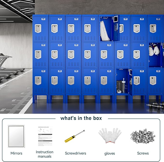 Metal Lockers - 66" Height Steel Lockers for Employees with 3 Door Storage Locker with Card Slot for Employees Gym School Home Office Garage - Assembly Required
