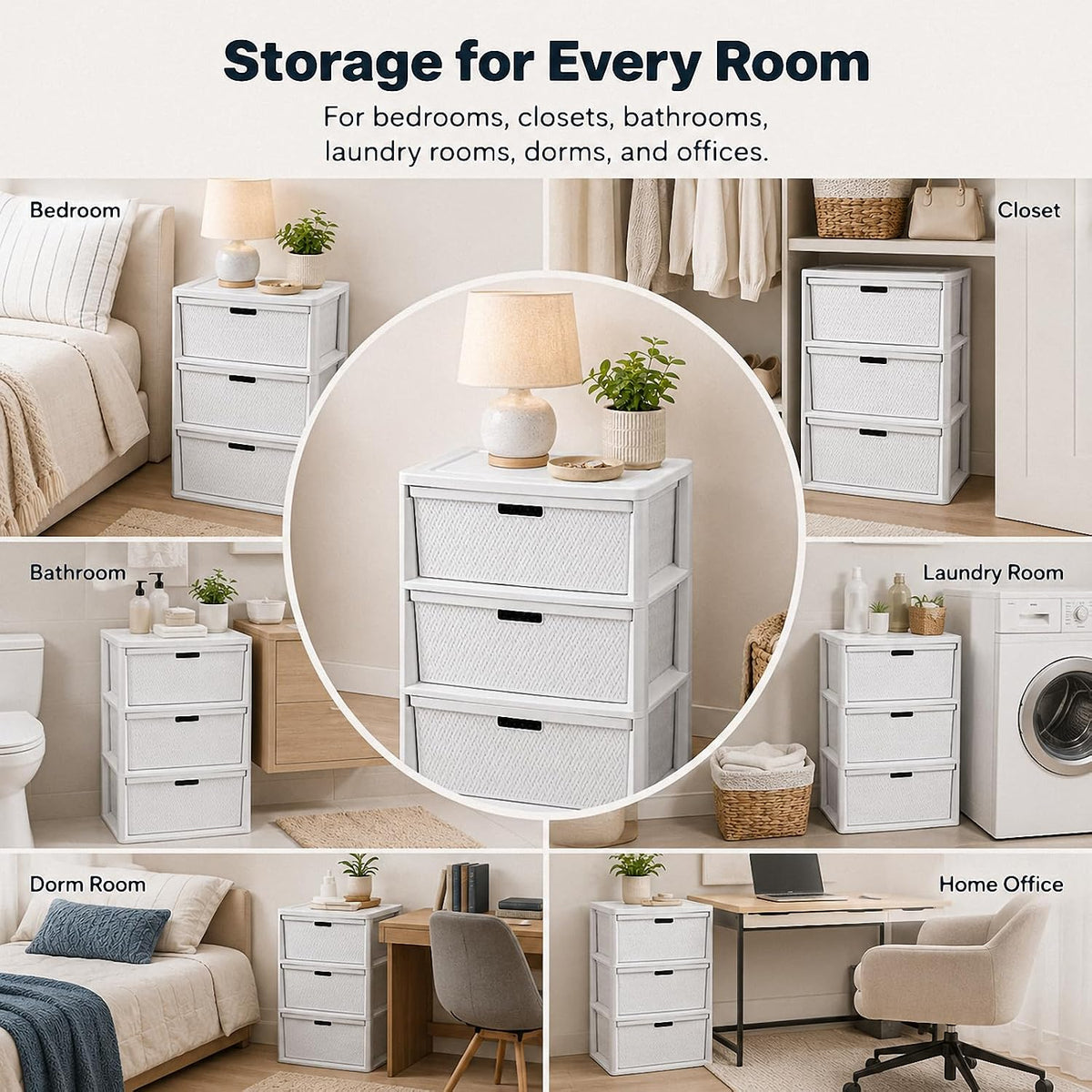 3 Drawer Storage Organizer, Plastic Drawer Organizer Tower, White