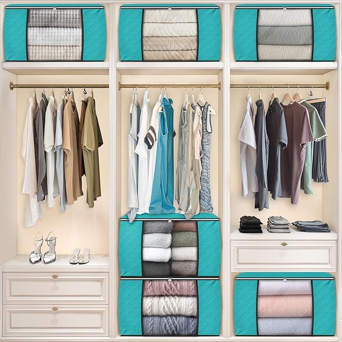 Fab totes 24 Gallons Clothes Storage, Foldable Thick Fabric Blanket Storage Bags, Containers for Organizing Bedroom, Closet, Clothing, Comforter, Organization with Handle (8 Pack,Green)