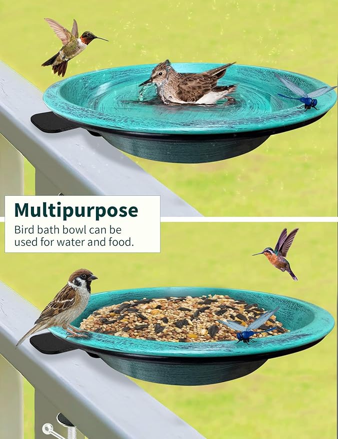 Deck Mounted Bird Bath for Outside, Detachable Birdbath Bowl with Sturdy Clamp, Easy Setup Outdoor Bird Feeder for Garden Patio Lawn Yard Decoration