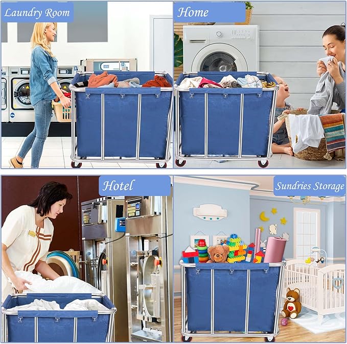 10 Bushels Laundry Cart Commercial/Home,Heavy Duty Large Stainless Steel Rolling Laundry Basket with Wheels,for Laundry Organizer and Storage,260LBS Load (Brown)