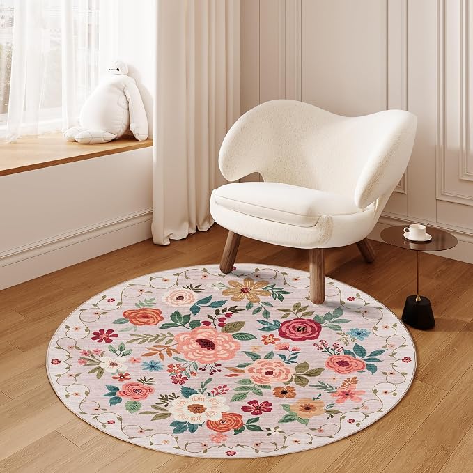 DUKINO Floral Round Rug, 4ft Washable Round Area Rug, Non Slip Indoor Low Pile