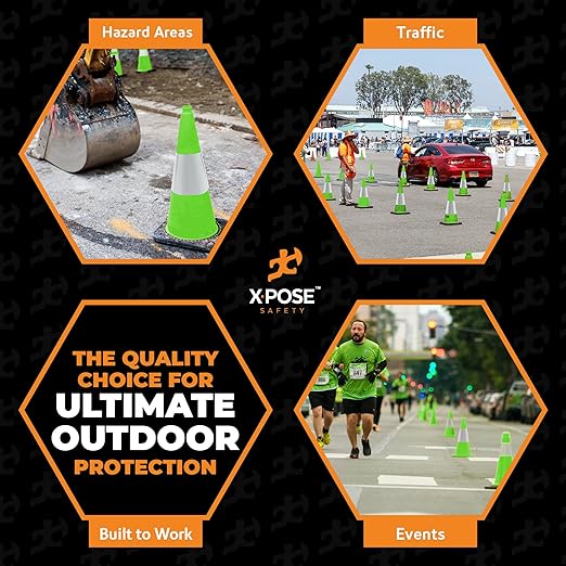 Xpose Safety 18” Lime Green Traffic Cone - 6" Reflective Collar – 4 Pack Premium PVC Safety Cone for Parking, Caution, Construction, Road Crews, Emergency Vehicle - DOT Approved