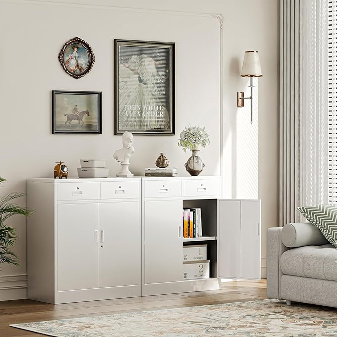 Metal Storage Cabinet with 2 Drawers 36" H,White Metal Garage Cabinets with 2 Lockable Doors and Adjustable Shelves Easy to Assemble for Home Office, Kitchen,Pantry,Garage,Warehouse