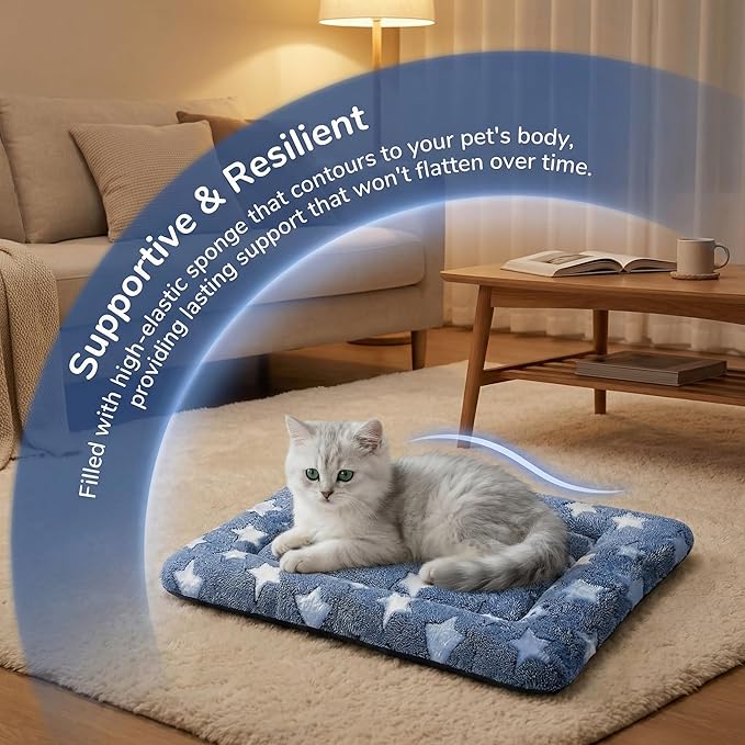 Dog Bed Mat - Reversible Dog Crate Bed Mats, Soft & Breathable Kennel Pad, Durable Crate Bed for Small Dogs & Cats (Navy&Stars, XS(18"*14"*1.2"))