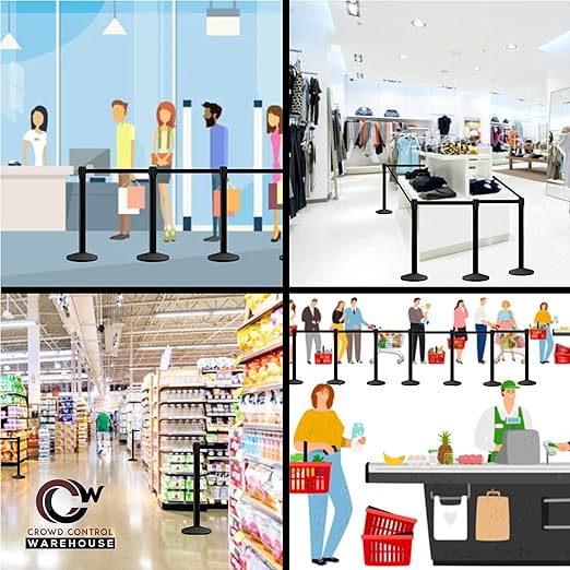 Crowd Control Warehouse CCW Series RBB-150 - Set of 2 Stanchion Retractable Belt Barriers - 16 Foot, RED"Authorized Access ONLY" White Letter Belt with Black Steel Post - Easy Assembly