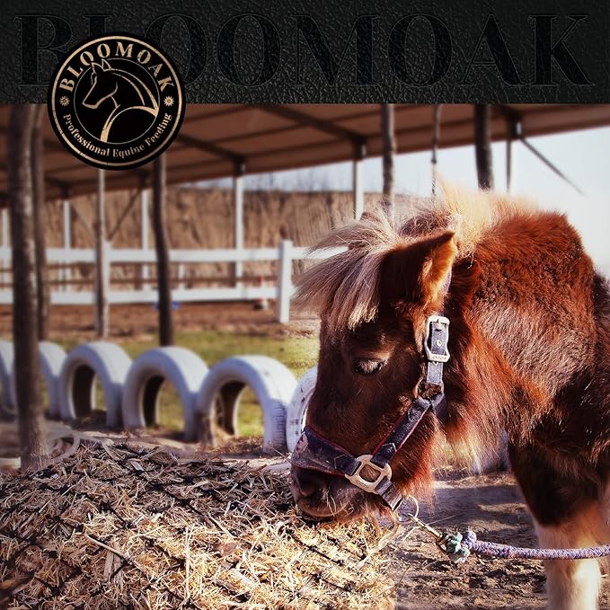 Bloomoak Slow Feed Hay Net for Horses, 40" Hay Bag with 2 inch Hole for Horse and Goat, Heavy Duty PE,Easy Fill with Ringsā¦