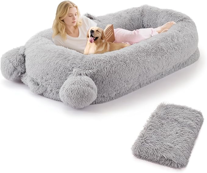 GarveeHome Human Sized Dog Bed, 71" x 45" x 12" Large Dog Bed with 2 Storage Pockets, Fluffy Faux Fur Orthopedic Pet Bean Bed for Adults & Giant Pets - Grey