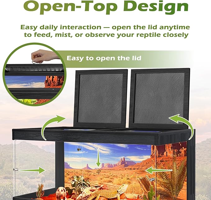 ROYXEN Bearded Dragon Tank with Leg Stand,Tempered Glass Reptile Tank with Metal Mesh Top, 3-Side Clear Anti-Scratch Glass Lizard Tank,Snake Tank for Reptile Habitat (Black, 34Gallons,32" Length)