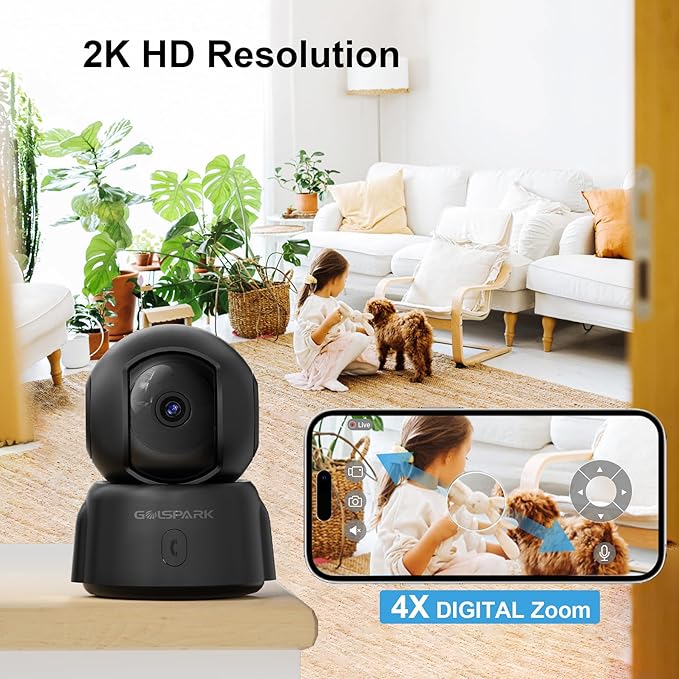 GOLSPARK Dog Pet Camera for Home Security 2K,2.4GHz WiFi Camera Baby Monitor for Room with Motion Tracking Detection Night Vision,Two-Way Audio SD/Cloud Storage