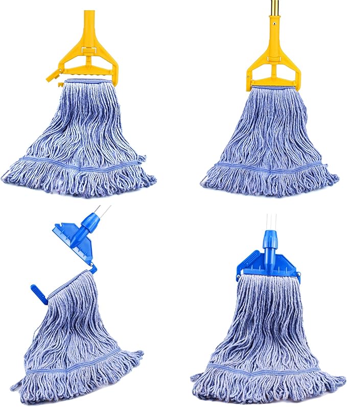 String Mop Heads Replacement Heavy Duty Commercial Grade Blue Cotton Looped End Wet Industrial Cleaning Mop Head Refills (2, Medium)