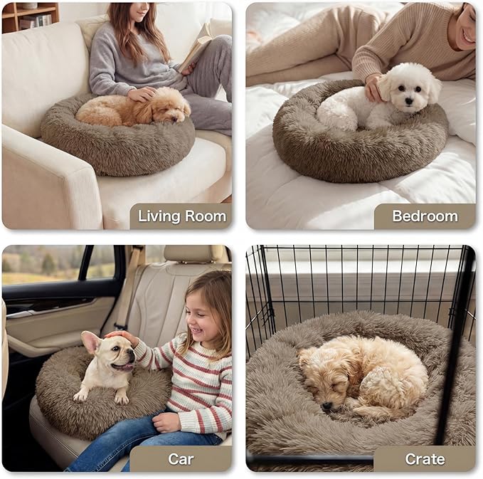 Calming Dog Bed, 20" x 20" x 6" Fits Cat & Dog, Anti-Slip Round Washable Faux Fur for Doze Off, Napping Orthopedic, Khaki