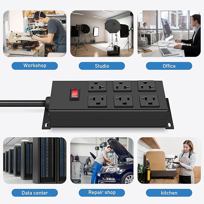 JUNNUJ Heavy Duty 20 Amp Power Strip, Garage 6 Outlets Metal 12 Gauge Surge Protector 3000J, High Amp 5-15P Adapter Shop 6-20R T-Slot Industrial (6AC, 6FT)