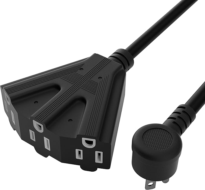 14/3 Gauge Heavy Duty Outdoor Extension Cord 25 FT, 90 Degree Angled 3 Prong Plug, 14 Gauge Power Cable with 3 Outlets, 14AWG, 15A, 125V, 1875W, ETL Listed, Black Wire, with Free Carrying Strap+Ties