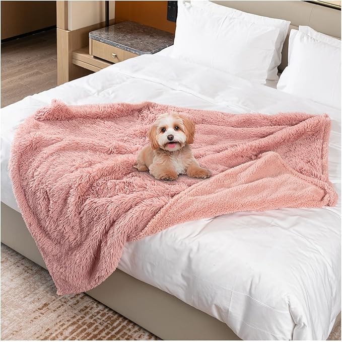 Pink Calming Dog Blanket 57x40in Waterproof Pet Blankets Fluffy Long Faux Fur Cat Throw Blankets for Couch Furniture Protector Love Bed Cover Washable(Pink,M)