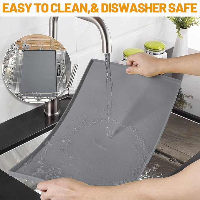 Hubulk Dog Feeding Mat,100% Waterproof Food Grade Silicone Pet Food and Water Bowl Placemat,Dishwasher, High Raised Edge to Prevent Spills,Nonslip Tray to Stop Messes on Floor(28"x18"x0.8", Grey)