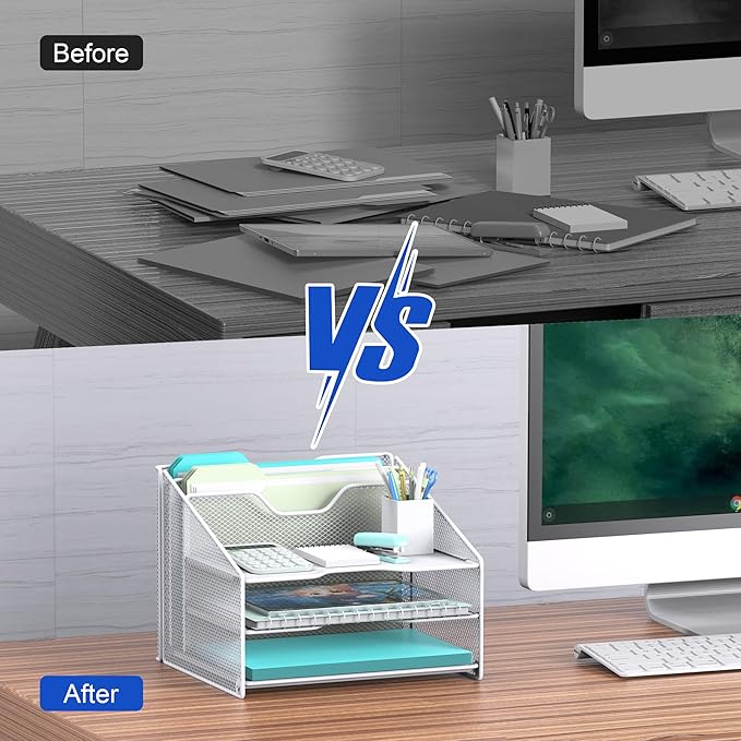 samstar White Desk File Organizer, Mesh Letter File Folder Holder with 3 Paper Trays and 2 Vertical Upright Section, for Office Supplies, Desk Accessories & Workspace, White