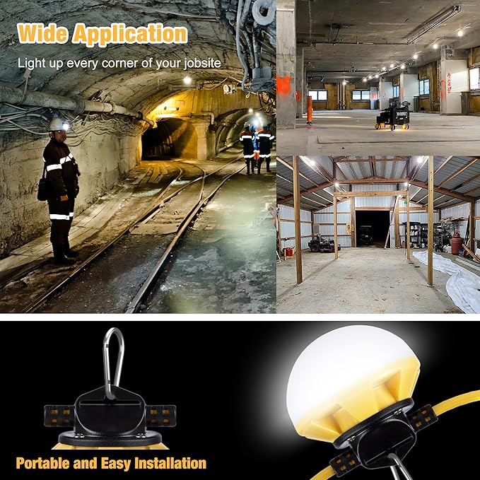 100FT Construction String Lights, IP65 Waterproof ETL Certified LED String Work Lights, 5000K Daylight 18AWG Wire Linkable Temporary Construction Lighting for Jobsite with 10 Bulbs & Hooks