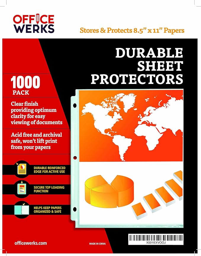 Office Werks 1000 Bulk Sheet Protectors, 8.5 X 11 Inch Clear Page for 3 Ring Binder, 35 Micron Plastic Sheet Sleeves, Durable Top Loading Paper Protector with Reinforced Holes Archival Safe