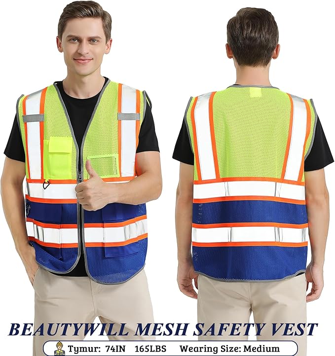 Custom Mesh Safety Vest 5 Pack Customized Logo Class 2 High Visibility Reflective Vest with Pockets Construction workwear(Yellow Blue,XL )