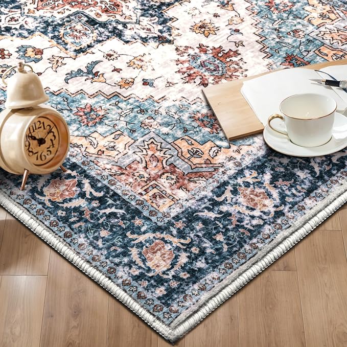 SERISSA Boho Washable Runner Rug, 2x5 Rug Non-Slip Vintage Blue Orange Hallway