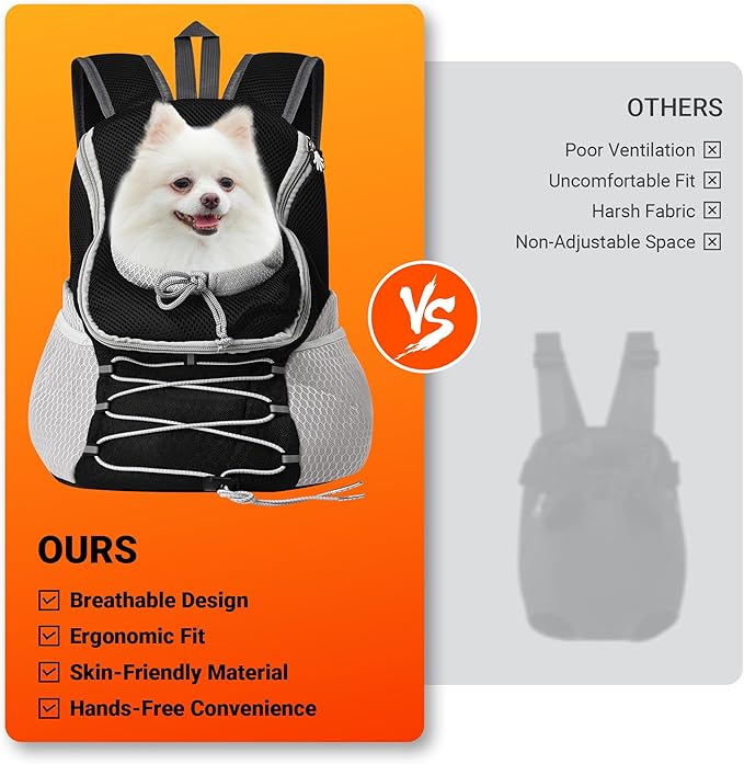 Dog Carrier Backpack for Small Dogs|Pet Travel Shoulders Bag - Puppy Holder for Chest-Front Dog Baby Carring Ventilated for Hiking & Camping, Black Grey, L