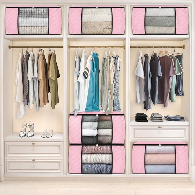Fab totes 6 Pack Clothes Storage, Foldable Thick Fabric Blanket Storage Bags, Containers for Organizing Bedroom, Closet, Clothing, Comforter, Organization with Handle,Pink