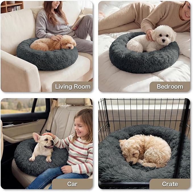 Calming Dog Bed, 20" x 20" x 6" Fits Cat & Dog, Anti-Slip Round Washable Faux Fur for Doze Off, Napping Orthopedic, Dark Grey