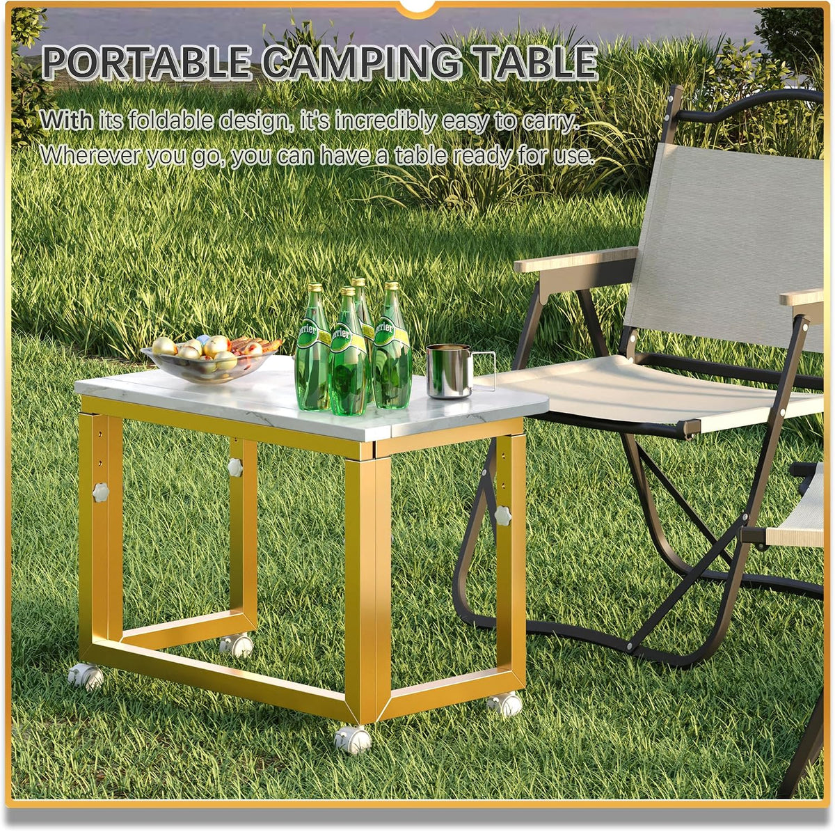 4NM No Tool Assembly 27.5" Small Desk, Folding Portable Desk with Wheels, Foldable Computer Home Office Desks, Collapsible Study Writing Table for Space Saving Bedroom - White Gold